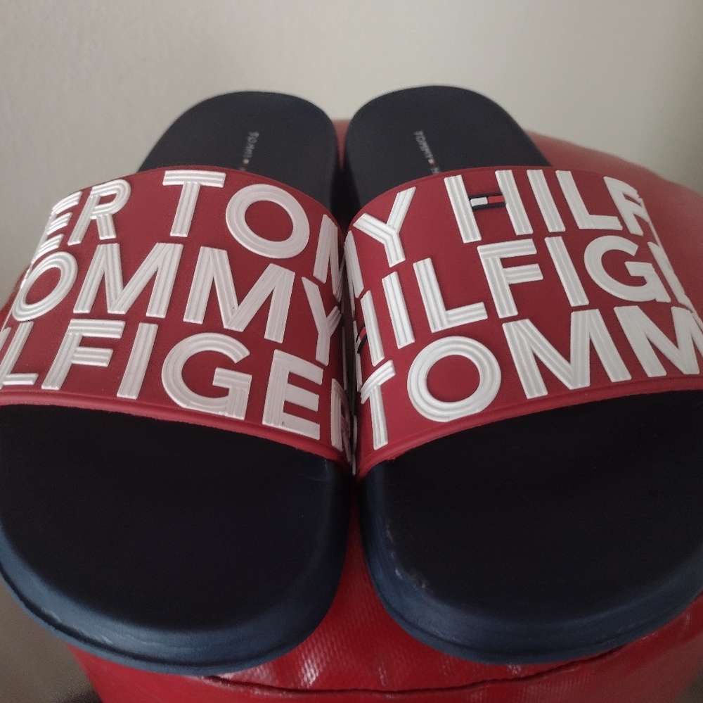 COPY - Foam/thick rubber, raised letter, red & blueTommy Hilfiger pool slides. …